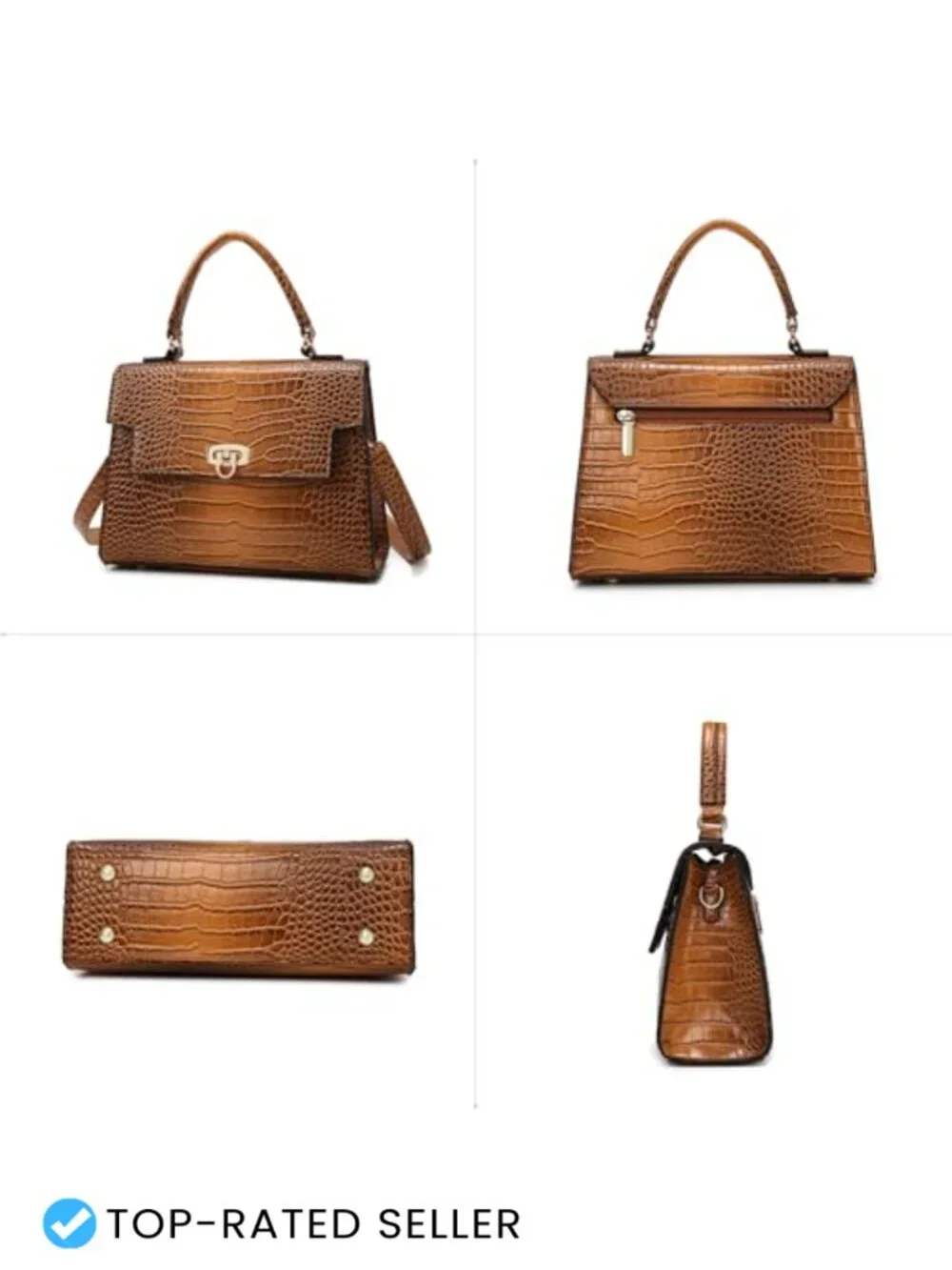 Structured Croc Pattern Vegan Leather Satchel Handbag with Crossbody Strap